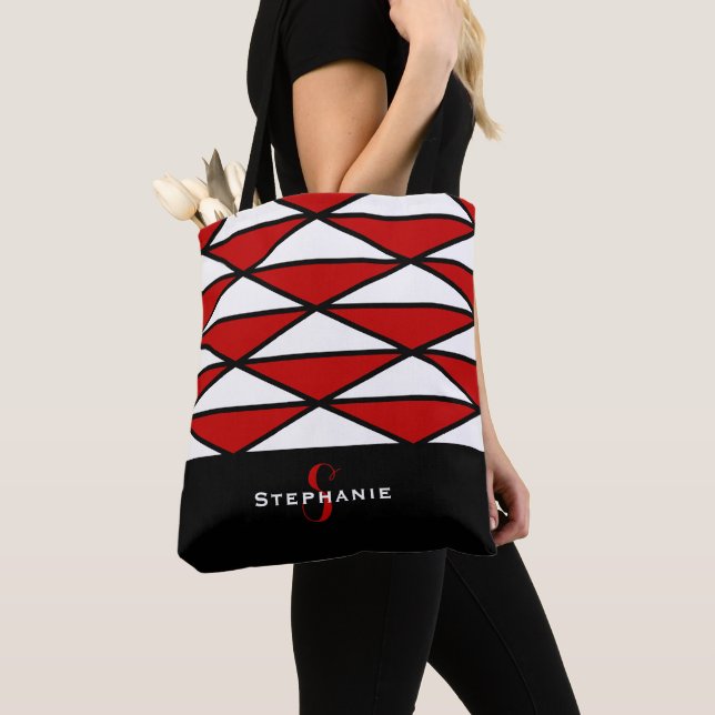 Tote Bag Noir & Rouge moderne Personnalisé Chic Motif géomé (De près)