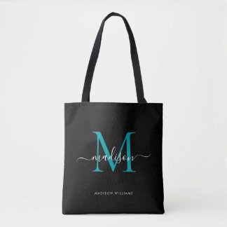 Tote Bag Noir Turquoise vert Monogramme Nom initial