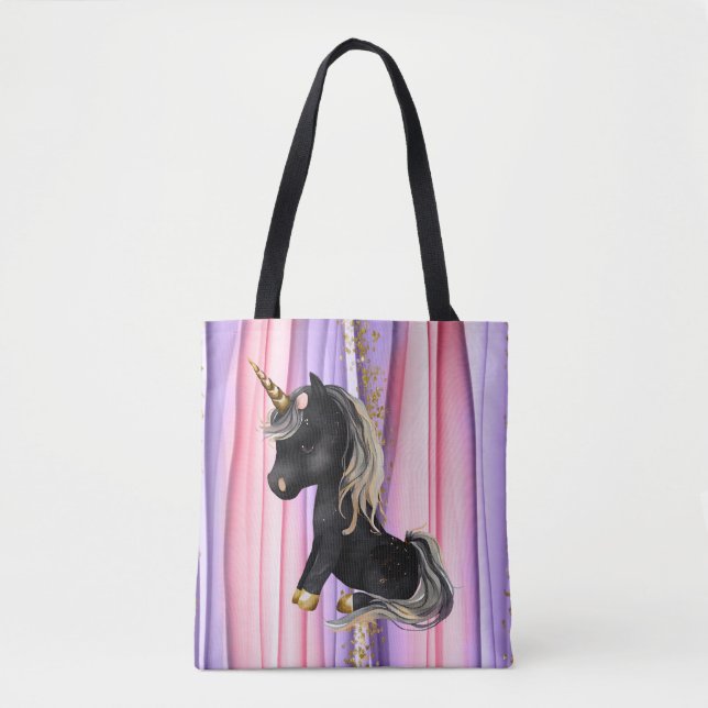 Tote Bag Noir Unicorne oreilles roses (Devant)