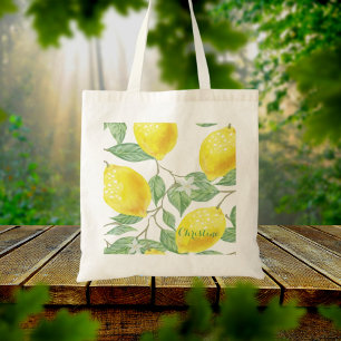 Tote Bag Nom blanc du motif de couleur pastel citron