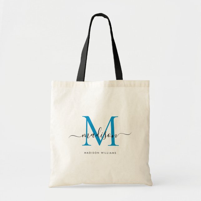 Tote Bag Nom chic en monogramme noir bleu vif preppy (Devant)