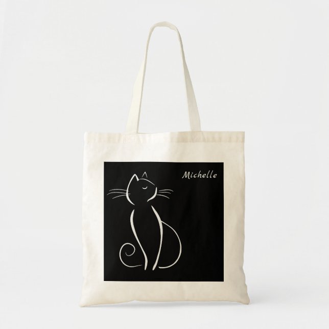 Tote Bag Nom d'ajout Minimal White Cat On Black (Devant)