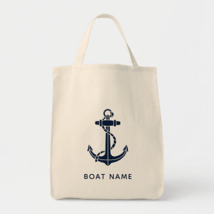 Tote Bag Nom de bateau d'ancre bleu marine personnalisé