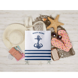 Tote Bag Nom de bateau nautique, ancre  Rayures bleues et b