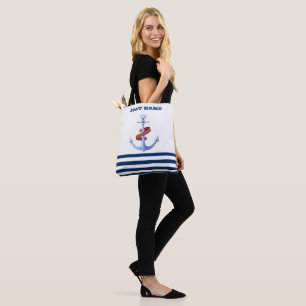 Tote Bag Nom de bateau nautique, bleu ancre rayé bleu marin