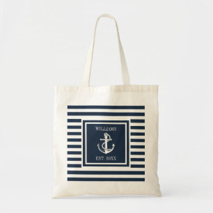 Tote Bag Nom de famille Ancre nautique Marine Bleu Stripe