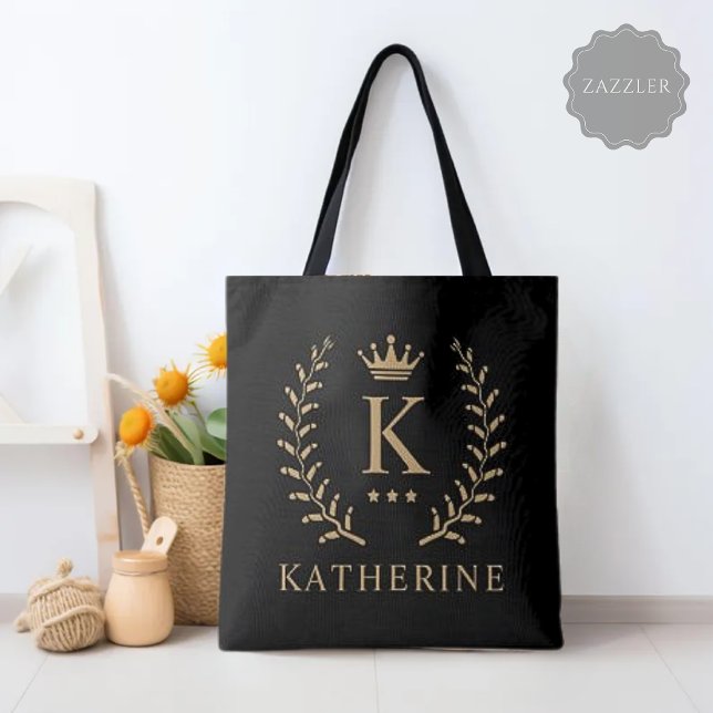 Tote Bag Nom de la Personnaliser et premier monogramme noir (Customize Name & Initial Black White Gold Monogram Tote Bag)
