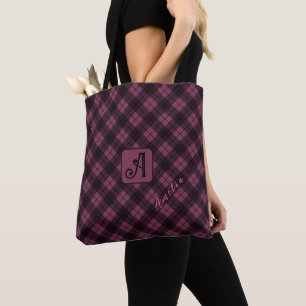 Tote Bag Nom de la Personnaliser Plaid Noir Violet