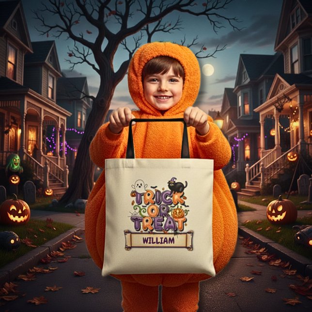 Tote Bag Nom de l'enfant mignon Halloween Trick ou Trick Sa (Cute Personalized Name Trick or Treat Kid's Halloween Candy Tote Bag)