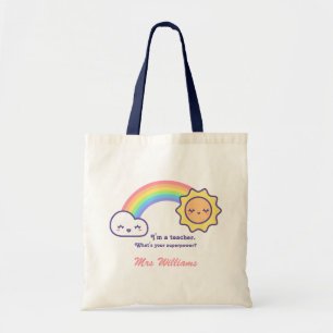 Tote Bag Nom De L'Enseignant Cute Retro Rainbow Et Sun