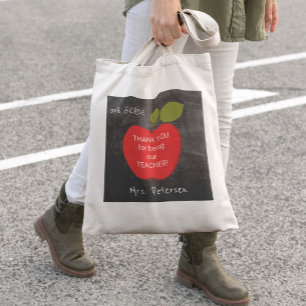 Tote Bag Nom de l'enseignant   tableau rouge pomme merci