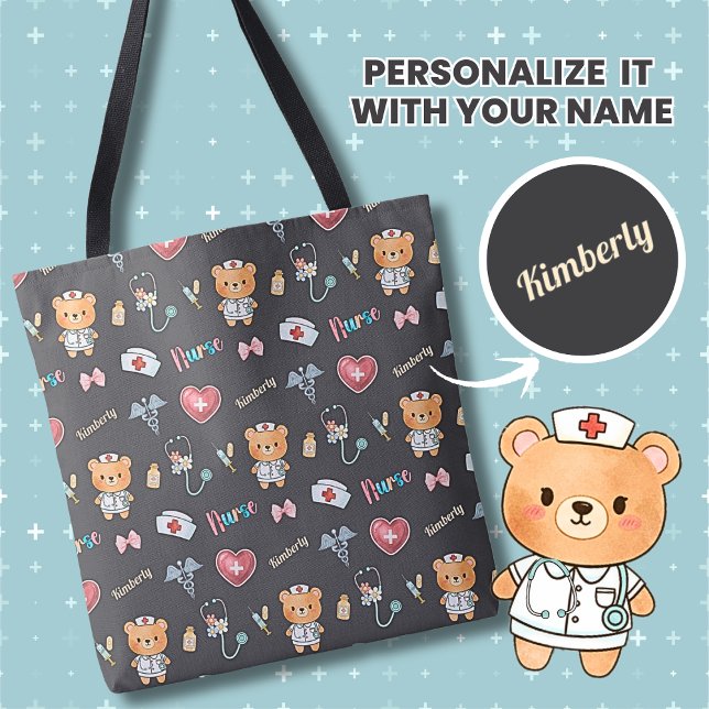 Tote Bag Nom de l'infirmière adorable Aquarelle RN Motif de (Personalized Name Cute Nurse, Bear, Caduceus, Syringe, Stethoscope and more Pattern Tote Bag for RN)