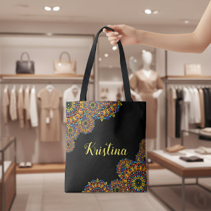 Tote Bag Nom de Mandala Floral Coloré et Noir Gras
