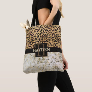 Tote Bag Nom de monogramme de marbre de tache de léopard