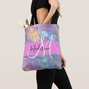 Tote Bag Nom de monogramme holographique iridescent rose fé