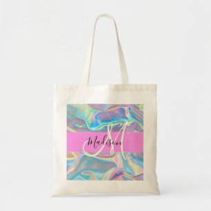 Tote Bag Nom de monogramme holographique iridescent rose fé