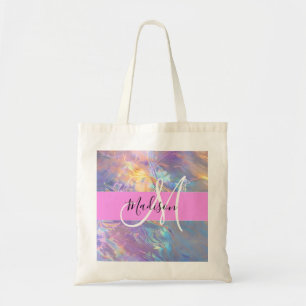 Tote Bag Nom de monogramme holographique iridescent rose fé
