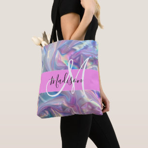 Tote Bag Nom de monogramme holographique iridescent rose fé