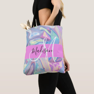 Tote Bag Nom de monogramme holographique iridescent rose fé