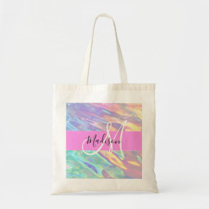 Tote Bag Nom de monogramme holographique iridescent rose fé