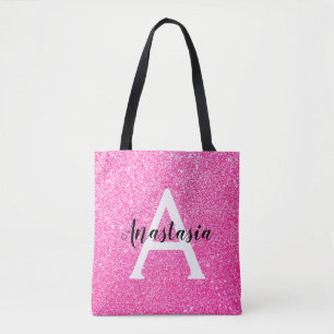 Tote Bag Nom de monogramme scintillant de paillettes rose v