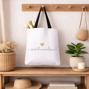 Tote Bag Nom de script Cœur d'Or Moderne