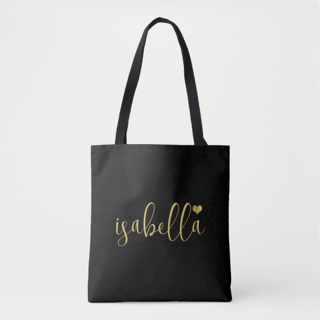 Tote Bag Nom de script doré Demoiselle d'honneur noir (Devant)