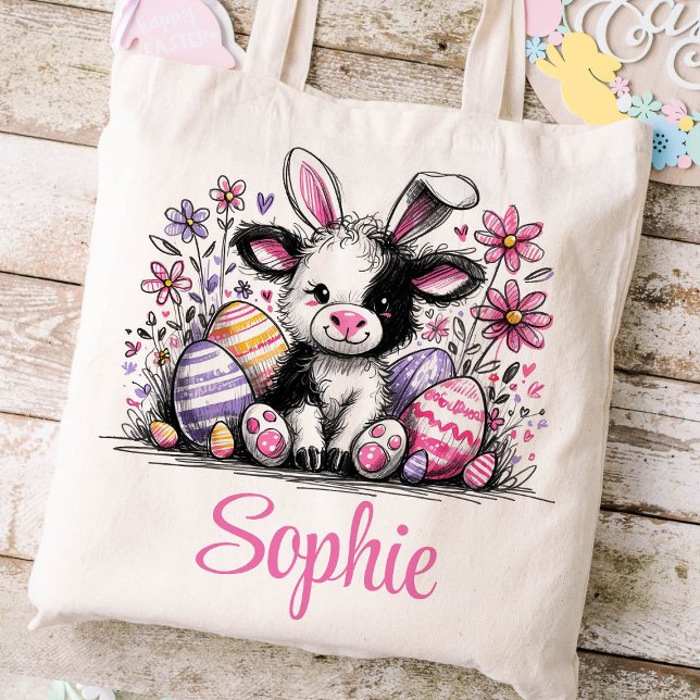 Tote Bag Nom des enfants de Pâques Filles Vache lapin (Cow Girls Easter Tote)