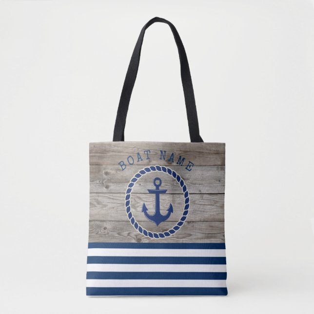 Tote Bag Nom du bateau nautique, Ancre Marine Bleu Bois ray (Devant)