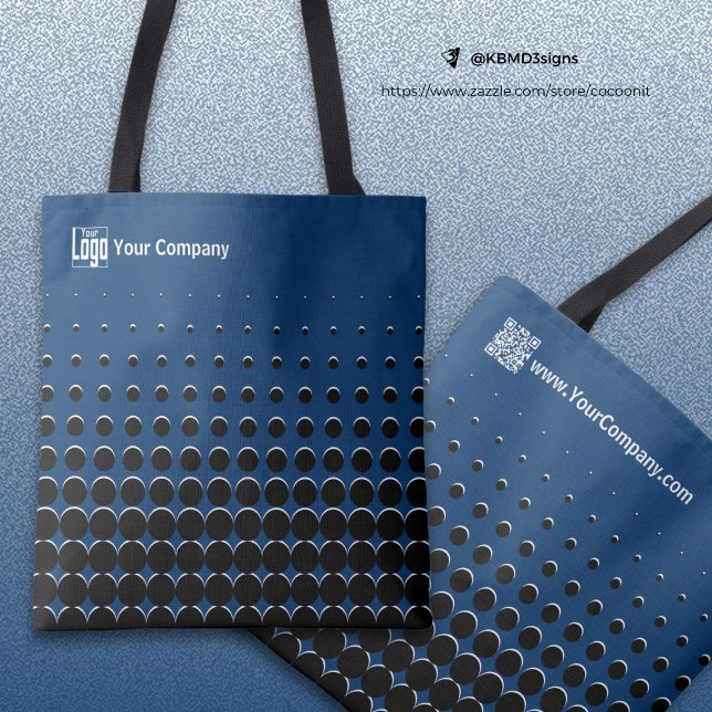 Tote Bag Nom du logo de l'entreprise QR-Code Bleu Noir Blan (Company Logo Name QR-Code Blue Black White Dots Tote Bag)