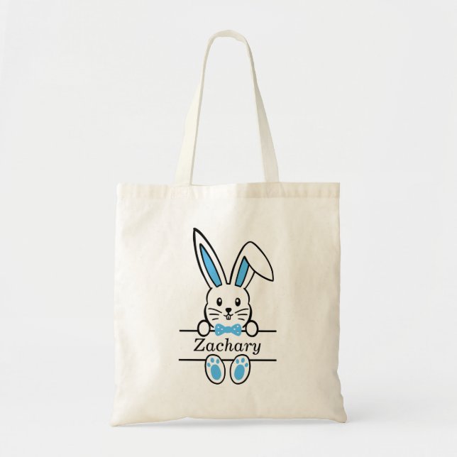 Tote Bag Nom du monogramme de lapin de Pâques bleu mou (Devant)