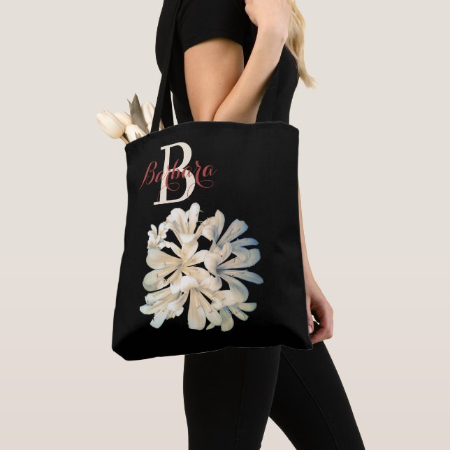 Tote Bag Nom du monogramme floral noir et blanc élégant (De près)