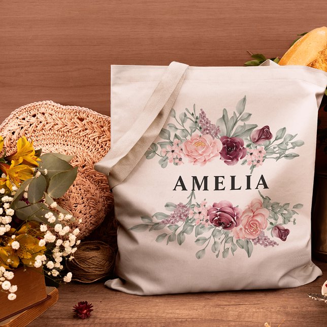 Tote Bag Nom du monogramme floral rose et bourguignonne (Créateur téléchargé)