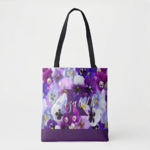 Tote Bag Nom du monogramme Initiales Pansy pourpre Floral t