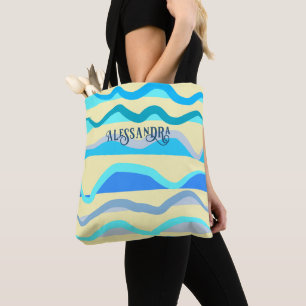 Tote Bag Nom du monogramme ondes jaunes bleues nautiques ré