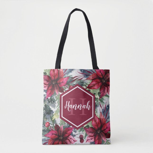 Tote Bag Nom du monogramme personnalisé Poinsettia rouge (Devant)