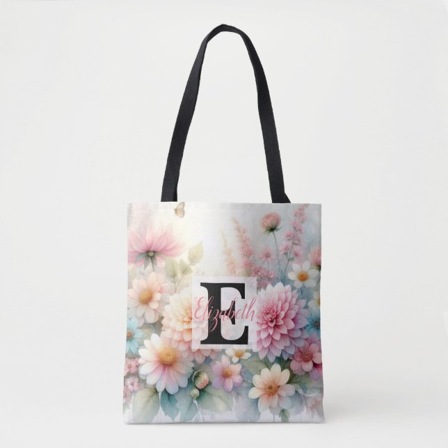 Tote Bag Nom du monogramme sur l'aquarelle Fleurs dans les  (Devant)