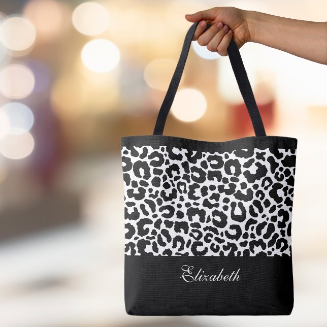 Tote Bag Nom du Motif animal léopard Noir Blanc Chic (Cute Leopard Animal Pattern Custom Stylish Calligraphy Black & White Chic Canvas Shopping Tote Bag)