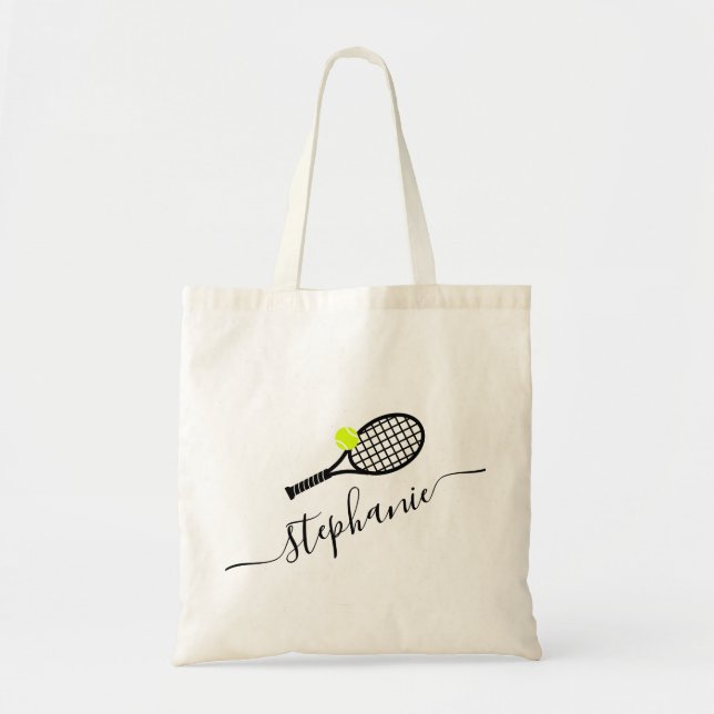 Tote Bag Nom du script de tennis personnalisé Bal de pratiq (Devant)