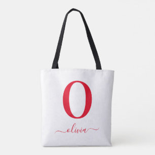 Tote Bag Nom en écriture Monogram Personnalisé Blanc et Rou