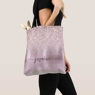 Tote Bag Nom en métal rose pailleté or rose féminin