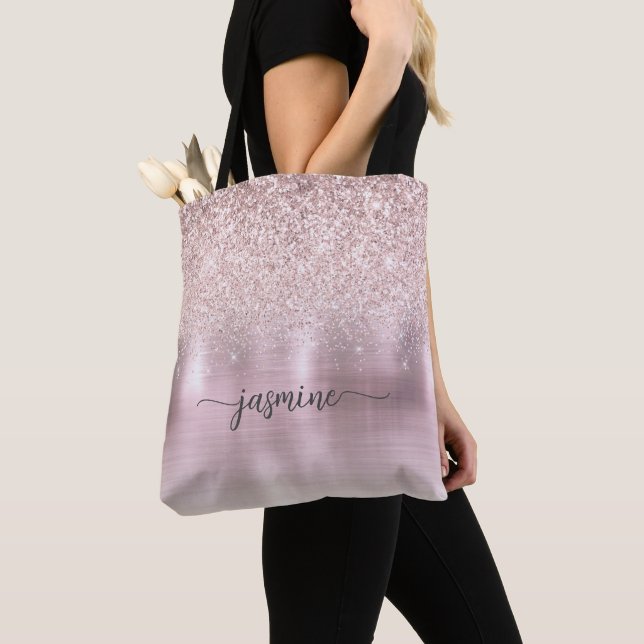 Tote Bag Nom en métal rose pailleté or rose girly (De près)