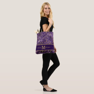 Tote Bag Nom en monogramme de feuilles dorées violettes élé