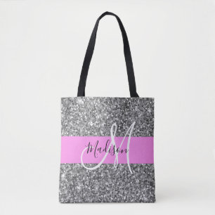Tote Bag Nom en monogramme paillettes rose et argent Glam