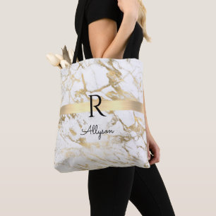 Tote Bag Nom et monogramme, barre dorée, marbre blanc et or