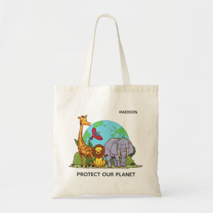 Tote Bag Nom et texte personnalisés Terre avec animaux