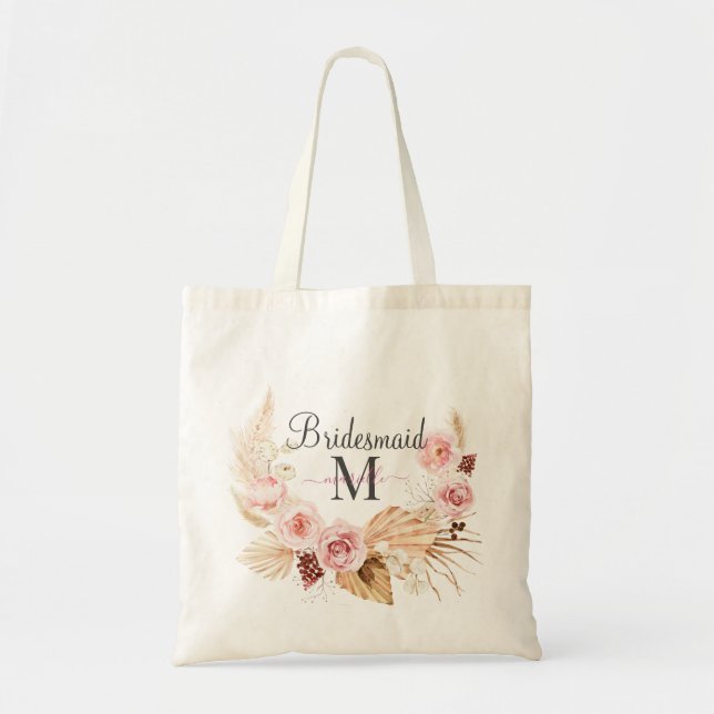 Tote Bag Nom initial de monogramme de script rose noir  (Devant)
