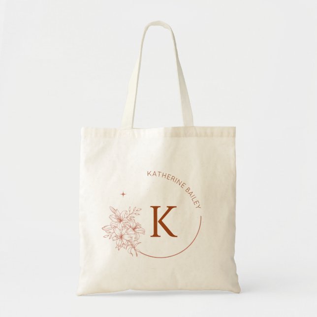 Tote Bag Nom initial floral gras élégant (Devant)
