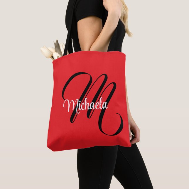 Tote Bag Nom initial minimaliste moderne monogramme rouge (De près)