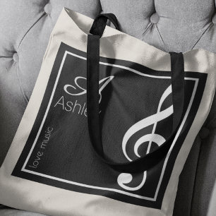 Tote Bag Nom, Initiale & Blanche Clé Arbre, Musique Noir